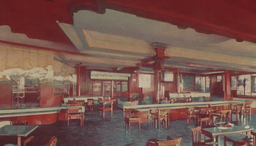 Image similar to 70s movie still of empty north-korean restaurant palace with propaganda fresco, eastmancolor, heavy grain, high quality, higly detailed