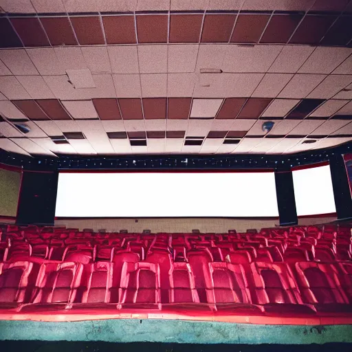 Prompt: A poorly taken photograph of an abandoned movie theater