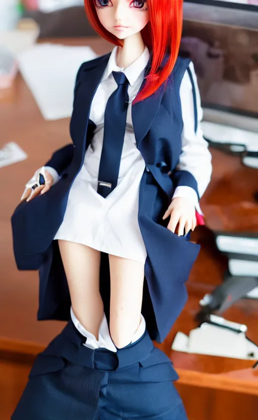 Prompt: dollfie in office suit with skirt, red hair, blue eyes,