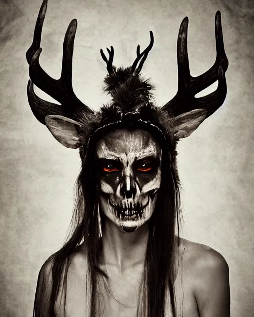 Image similar to deer - skull sisters ghost - spirit of the grim - warpaint wears the scarlet skull armor and native blood headdress antlers, midnight fog - mist!, cinematic lighting, various refining methods, micro macro autofocus, ultra definition, award winning photo, photograph by ghostwave - gammell - giger - shadowlord