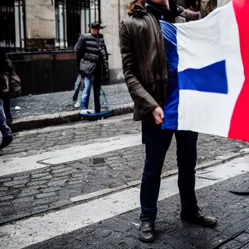 Prompt: a guy who looks like emmanuel macron urinate on a french flag in the street, 5 0 mm lens, street photography