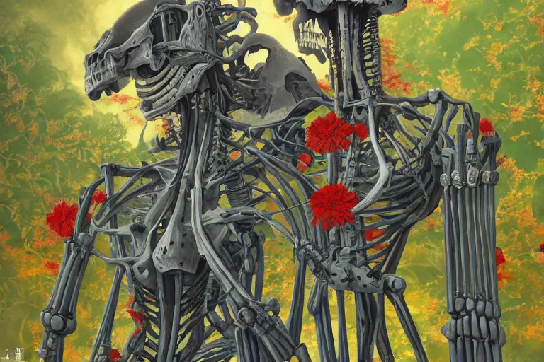 Image similar to 2 d gouache illustration, a lot of exotic vegetation, trees, tremendous skeletal robotic ancient gigantic robot, flowers, oldschool vintage sci - fi flat surreal design, super - detailed, painting by satoshi kon, hd, 4 k, high quality