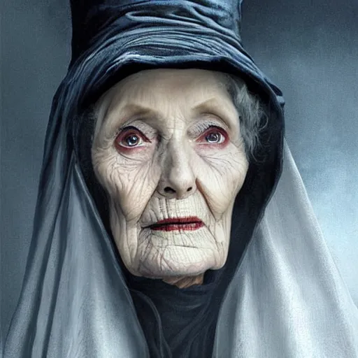 Prompt: granny weatherwax, an old lady, a witch, with a sharp face and a piercing expression. she is wearing a tall black pointed witch hat. beautiful painting with highly detailed face by greg rutkowski and raymond swanland