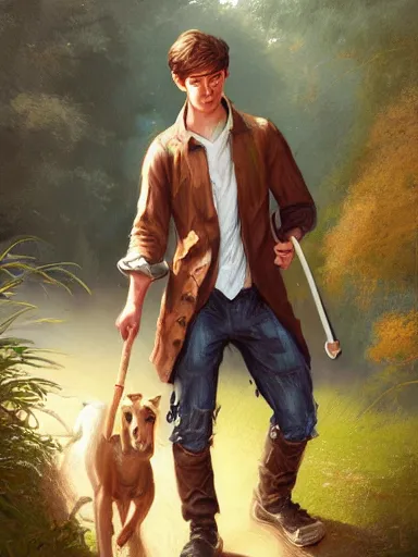 Image similar to portrait of a youthful handsome man walking in a rural area holding a staff. intricate, elegant, highly detailed, digital painting, artstation, concept art, sharp focus, illustration, by justin gerard and artgerm, 8 k