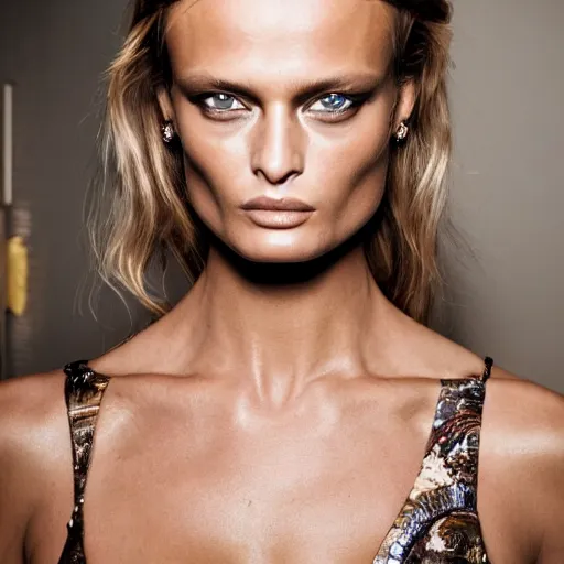 Image similar to portrait of young edita vilkeviciute, versace fashion show spring summer backstage, detailed face, greg rutkowski, intricate, elegant, highly detailed,