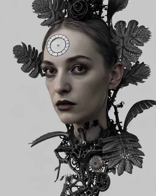 Image similar to monochrome 3 d model, 1 8 7 0 picture, silver mesh floral steampunk biomechanical beautiful young female cyborg with porcelain profile face and a techno eye, volumetric light, leaves foliage and stems, hibiscus flowers, sinuous fine roots, fine foliage lace, alexander mcqueen, rim light, big gothic fashion pearl embroidered collar, octane render, 8 k