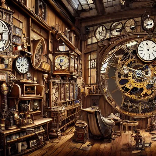 Image similar to interior of a cluttered steampunk clock shop, father time tinkering, wooden grandfather clocks everywhere, realistic, very intricate hyper detailed masterpiece by wlop