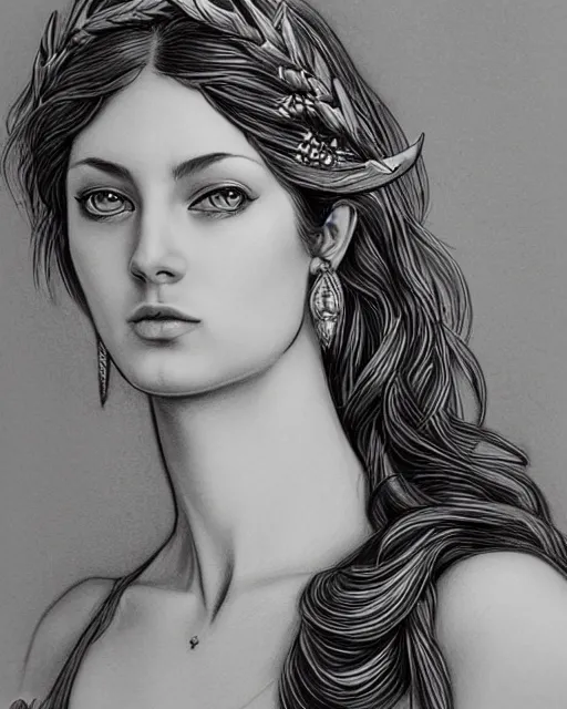 Prompt: long shot realism pencil drawing of the beautiful greek goddess aphrodite wearing a laurel wreath and arrowhead earrings, beautiful confident eyes, beautiful flowing hair, white god eyes, hyper realistic face, in the style of greg rutkowski, fantasy, amazing detail, epic, elegant, smooth, sharp focus, from the front