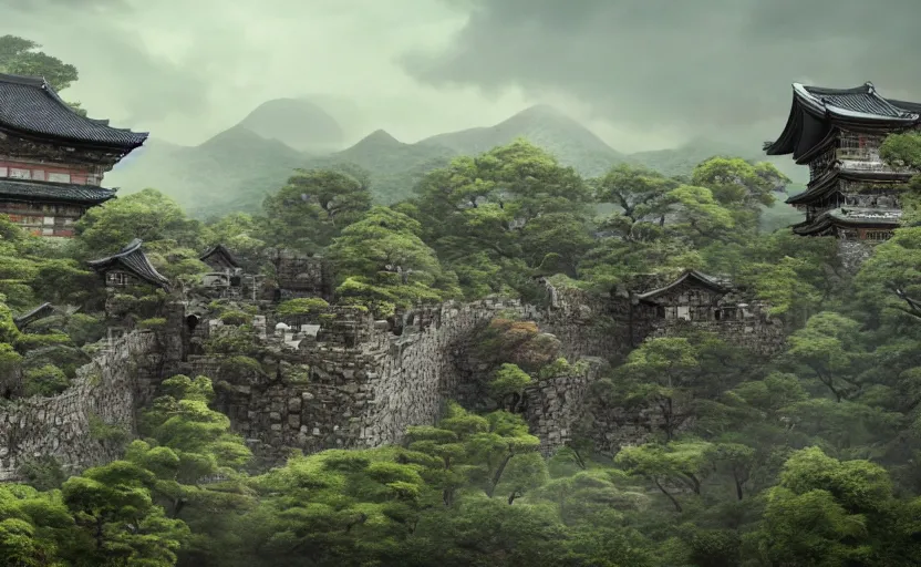 Image similar to highly detailed render of old, ruined, japanese fort from sengoku period, surrounded by dense rock formations, high in mountains, overcast weather, environment concept art, photobash, unreal engine render, nanite