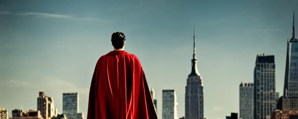 Image similar to nikola tesla in superman costume, walking in new york, hd, realistic, shallow depth of field, daytime, cinematic