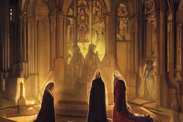 Image similar to inside the sepulchre, dark scene, light coming in from the left, steps leading down, 3 marys crouching in colored robes at the tomb | medium close | triangle composition, by artgerm, greg rutkowski, rubens, alphonse mucha