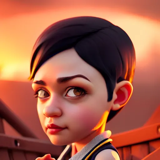 Image similar to a Photorealistic dramatic hyperrealistic gnome woman engineer, pixie undercut short black hair, naval background, by WLOP,Artgerm,Greg Rutkowski, Beautiful dynamic dramatic bright sunset lighting,shadows,cinematic atmosphere,Artstation,concept design art,Octane render,8k