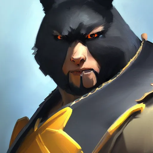 Image similar to greg manchess portrait painting of anthropomorphic asian black bear samurai as overwatch character, medium shot, asymmetrical, profile picture, organic painting, sunny day, matte painting, bold shapes, hard edges, street art, trending on artstation, by huang guangjian and gil elvgren and sachin teng