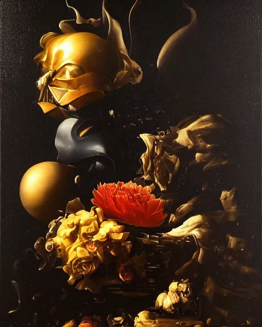 Prompt: refined gorgeous blended oil painting with black background by christian rex van minnen rachel ruysch dali todd schorr of a chiaroscuro portrait of darth vader dutch golden age vanitas intense chiaroscuro cast shadows obscuring features dramatic lighting perfect symmetry perfect composition masterpiece