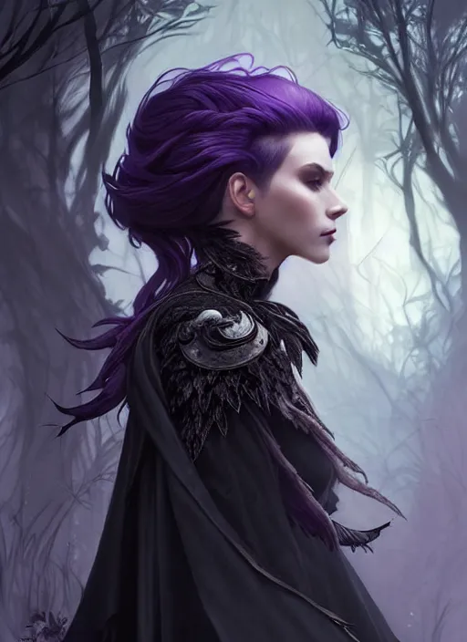 Image similar to side portrait dark witch, adventurer outfit large cloak, fantasy forest landscape, dragon scales, fantasy magic, undercut hairstyle, short purple black fade hair, dark light night, intricate, elegant, sharp focus, illustration, highly detailed, digital painting, concept art, matte, art by WLOP and Artgerm and Greg Rutkowski and Alphonse Mucha, masterpiece