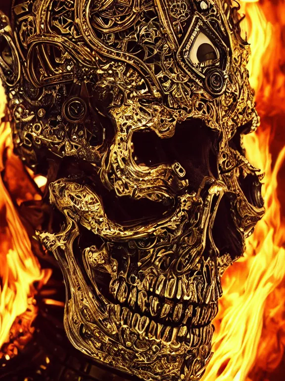 Prompt: portrait art of 8k ultra realistic skull on fire,intricate gold crown, detailed intricate ornate armour,decaying, cybernetic, full of colour, cinematic lighting, battered, trending on artstation, 4k, hyperrealistic, focused, extreme details,unreal engine 5, cinematic, masterpiece, art by ayami kojima, giger