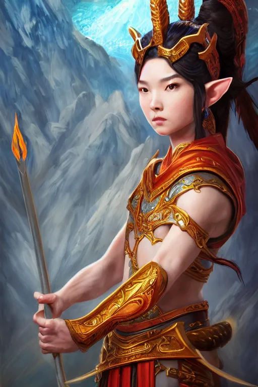 Image similar to a masterpiece portrait of nezha, young elf prince holding spear, flame everywhere, epic pose, fantasy character portrait, closeup shot, hyper detailed, digital painting, 8 k realistic, trending on artstation, sharp focus, dof, by fenghua zhong, artgerm, ne zha from smite, jeff easley, raymond swanland