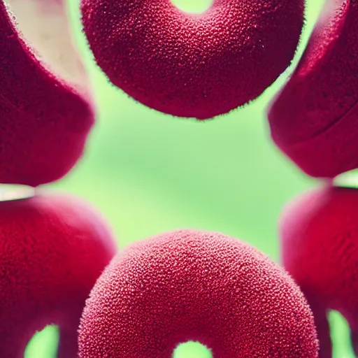 Prompt: Perfectly circular donut!!!!! in the style and shape of a rambutan!!!!!!, blended colors!!!!!, fibrous!!!!!, red fibers, trending on artstation, 4k, 8k, professional photography, overhead shot, 35mm lens