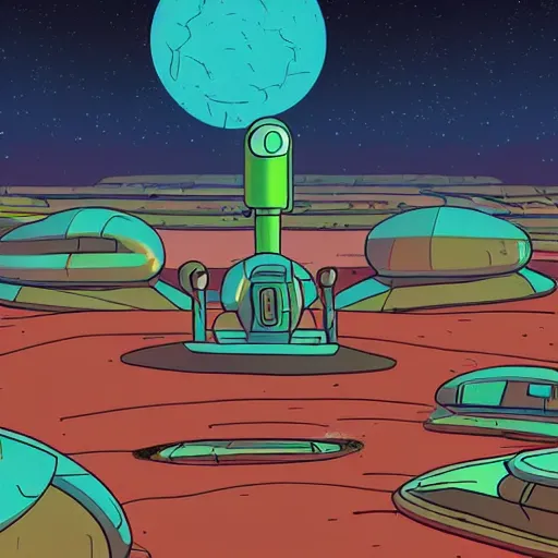 Image similar to retro sci-fi alien landscape spaceport in Rick and Morty style