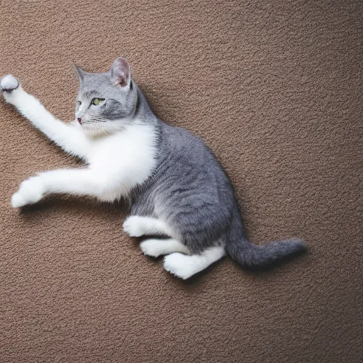 Prompt: gray cat stretching on beige carpet