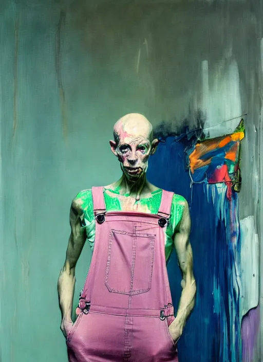 Image similar to an insane, skinny, artist wearing overalls, expressive painting the walls inside a grand messy studio, depth of field, hauntingly surreal, highly detailed painting by francis bacon, edward hopper, adrian ghenie, glenn brown, and james jean, soft light 4 k in pink, green and blue colour palette, cinematic composition,