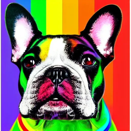Prompt: rainbow excited smiling french bulldog. pop art.