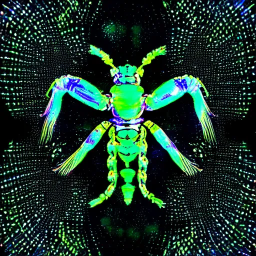 Prompt: an intricate photo of iridescent scorpio, blacklight, nightvision, inverted colors
