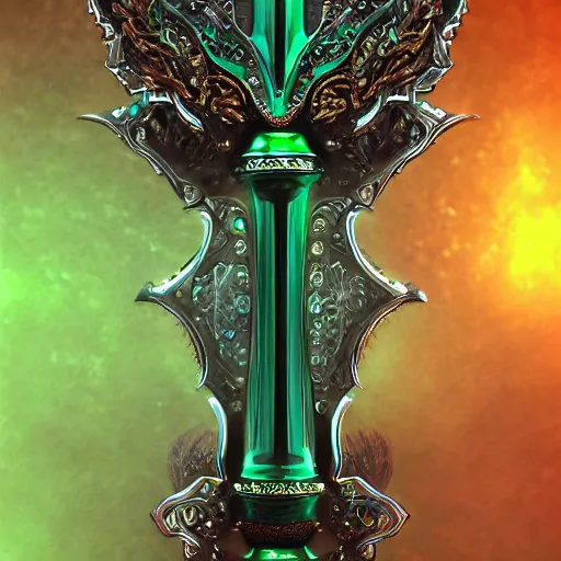 Image similar to symmetric, green fantasy sword, intricate, elegant, highly detailed, digital painting, 4k, HDR, concept art, detailed jewelry, smooth, sharp focus, illustration, matte finish, high contrast, 3d depth, masterpiece, vivid colors, artstationhd