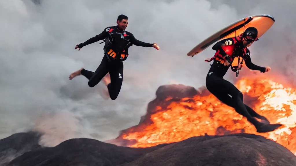 Image similar to person wearing a sponsored team jersey with logos jumping out of a helicopter with a surfboard into a volcano, action shot, dystopian, thick black smoke and fire, sharp focus