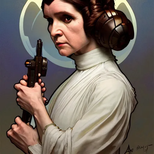 Prompt: princess leia, fantasy, d & d, intricate, detailed, by by alphonse mucha, adolfo hohenstein, alice russell glenny, stanley artgerm lau, greg rutkowski, detailed, trending on artstation, trending on artstation, smooth