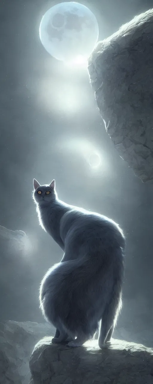 Prompt: a grey cat with blue eyes looks at the moon, volumetric lighting, glowing lights, 4k, octane, digital painting, artstation, concept art, sharp focus, illustration, cinematic film still, art by artgerm and greg rutkowski and alphonse mucha , wide angle view,