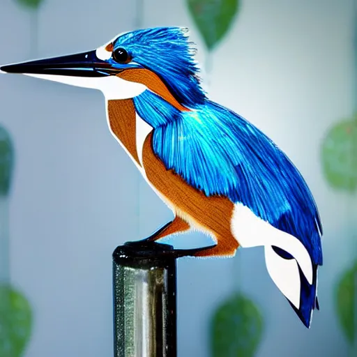 Image similar to wall art of a real life kingfisher made out of reflective crystal and very reflective polished metal, in the background is a forest, product photography