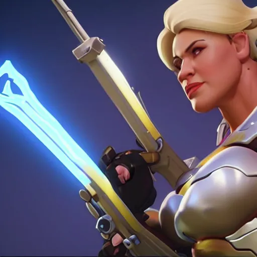 Image similar to a screenshot of arnold schwarzenegger as mercy in overwatch