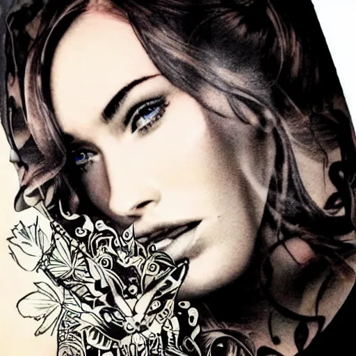 Image similar to hyper realism tattoo design of megan fox face double exposure effect with beautiful mountain scenery, in the style of matteo pasqualin, amazing detail, sharp, faded