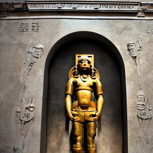 Image similar to futuristic ancient astronaut arrived through a portal, welcoming the humanity, ancient statue in museum