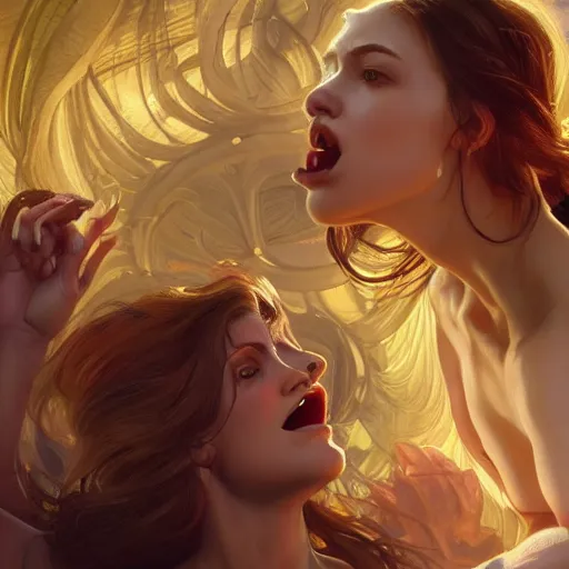 Image similar to giantess woman swallowing a person whole, intricate, highly detailed, digital painting, artstation, concept art, smooth, sharp focus, illustration, unreal engine 5, 8 k, art by artgerm and greg rutkowski and alphonse mucha