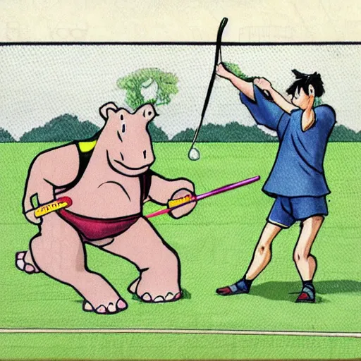 Prompt: men with hippo heads playing badminton, by Ken Sugimori, mono-color