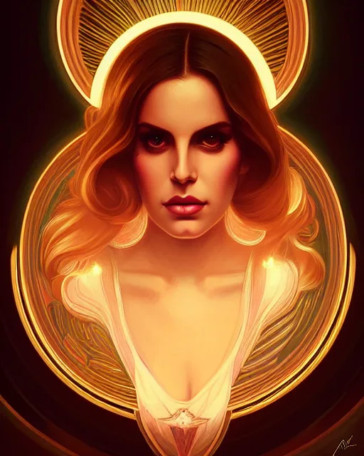 Image similar to symmetry portrait of lana del rey, glam, deco, glowing lights intricate, elegant, highly detailed, digital painting, artstation, concept art, smooth, sharp focus, illustration, art by artgerm and greg rutkowski and fra angelico and alphonse mucha