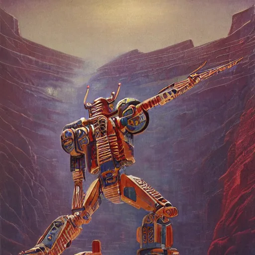 Image similar to elaborate mayan art deco mecha in mesa landscape by j. c. leyendecker, bosch, and beksinski