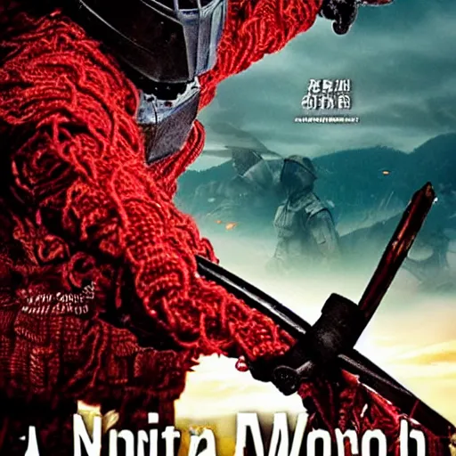 Prompt: an armored warrior with a sword drowns in a sea of red thread, movie poster