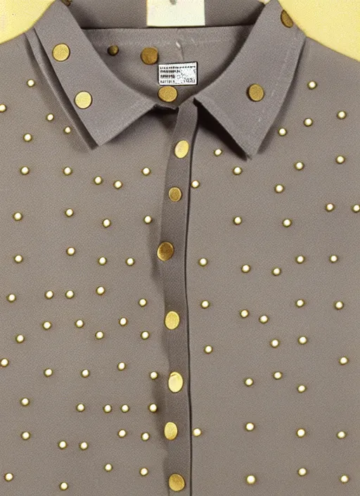 Prompt: realistic catalogue store photo of a a shirt made of wood, covered with brass dots on a neutral grey background, centered composition, big margins, museum archive photo, 1 9 8 0, amazon website