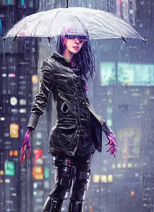 Image similar to girl, cyberpunk, goggles, pilot, standing in the rain with an umbrella, wet, raindrops, reflections, detailed city background, portait, made by stanley artgerm lau, wlop, rossdraws, james jean, andrei riabovitchev, marc simonetti, yoshitaka amano, artstation