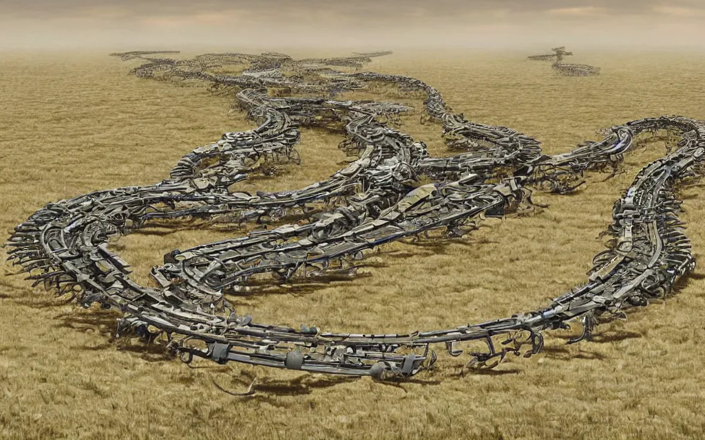 Image similar to gigantic robotic centipede travelling across a broken landscape