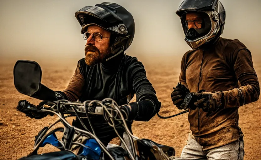 Image similar to cinestill 5 0 d candid photographic portrait by helen levitt of heisenberg wearing rugged black mesh techwear on a dirtbike through a desolate plain, extreme closeup, modern cyberpunk moody emotional cinematic, dust storm, 8 k, hd, high resolution, 3 5 mm, f / 3 2, ultra realistic faces, ex machina