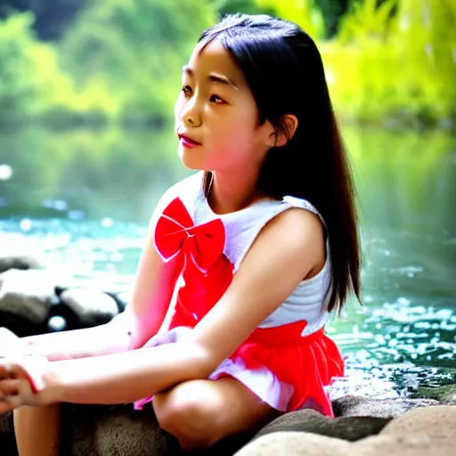 Image similar to 7 years old rina playing with the water, wearing white cloths, and a red bow in her hair, sitting by the side of a creek, in the painting style of comic books, 8 k, detailed, tele photo lens, rule of thirds