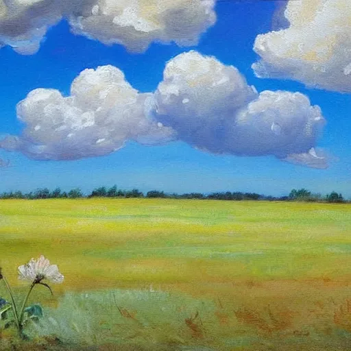 Image similar to This painting shows a beautiful summer's day. The blue sky is adorned with a scattering of fluffy white clouds. The scene is painted against a green background, and the hazy light of the sun has cast a rosy glow over everything.