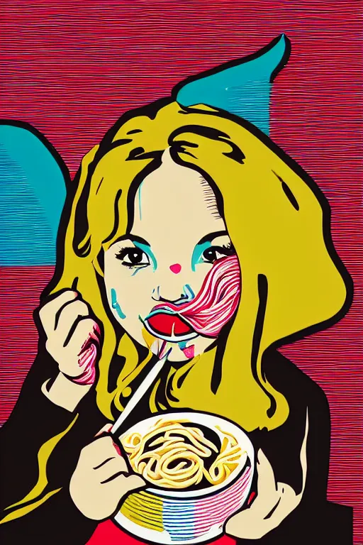 Prompt: a girl eating ramen in the style of modern pop art