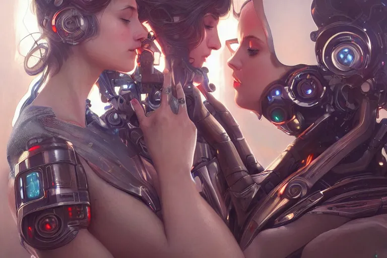 Image similar to Ultra realistic illustration, two women kissing a robot, cyberpunk, sci-fi, fantasy, intricate, elegant, highly detailed, digital painting, artstation, concept art, smooth, sharp focus, illustration, art by artgerm and greg rutkowski and alphonse mucha