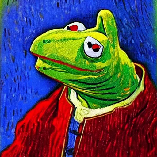 Image similar to kermit portrait, oil painting, visible brush strokes, by van gogh