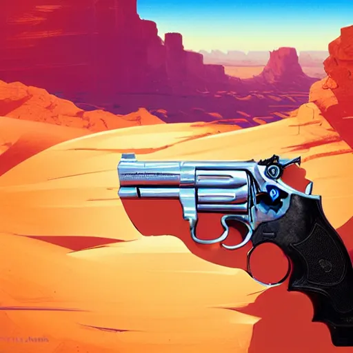 Image similar to smith & wesson revolver in the desert, smooth face, centered median photoshop filter cutout vector behance hd by artgerm, jesper ejsing, by rhads, makoto shinkai and lois van baarle, ilya kuvshinov, rossdraws, illustration, art by ilya kuvshinov and gustav klimt